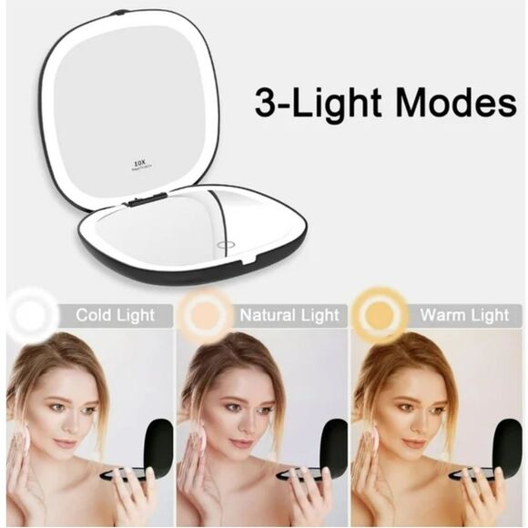Compact Black Portable Lighted LED Makeup Mirror 1X/10X Magnification NEW - Picture 5 of 8